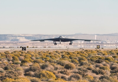 B-21 Raider conducts flight testing at Edwards Air Force Base, California.