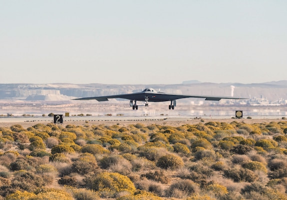 B-21 Raider conducts flight testing at Edwards Air Force Base, California.