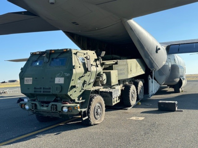 A High Mobility Arillery Rocket System (HIMARS) launcher crew from Alpha Battery, 1st Battalion, 623rd Field Artillery, completed a joint force, HIMARS rapid infiltration (HIRAIN) training with the U.S. Air Force Special Operations Task Group (USAF SOTG) at Ali Al Salem Air Base, Kuwait.