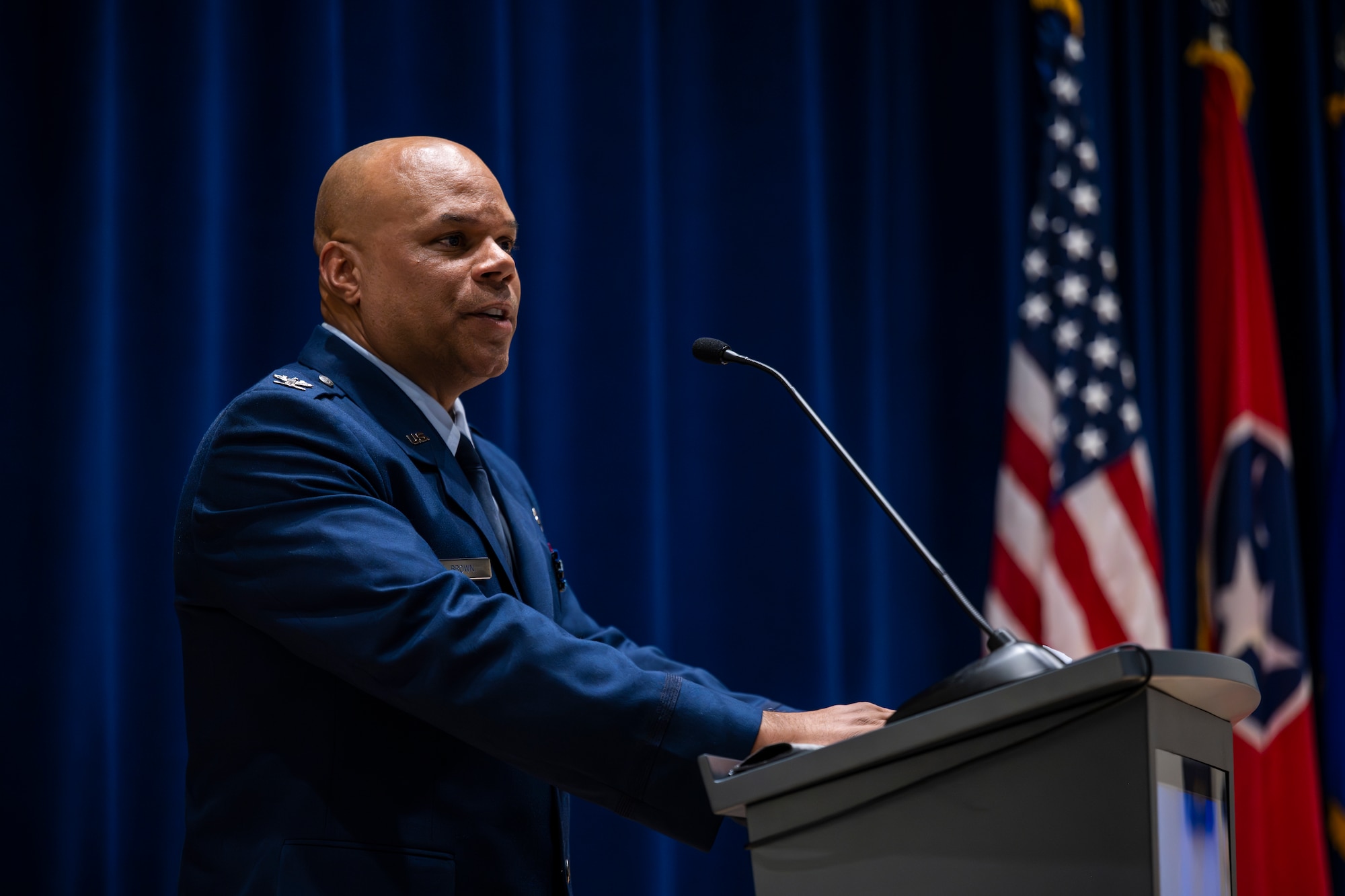 U.S. Air National Guard Col. Jaison Brown, 134th Medical Group commander, delivers remarks for the 134th Medical Group Change of Command ceremony at McGhee Tyson Air National Guard, Louisville, Tenn. on August 2, 2025.