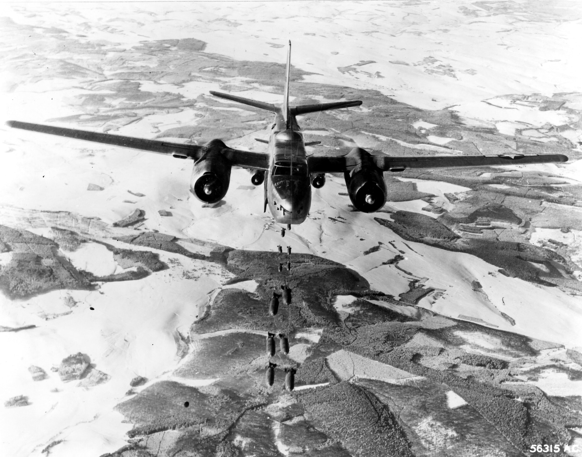 Historic image in black and white color of an A-26 aircraft from world war two.