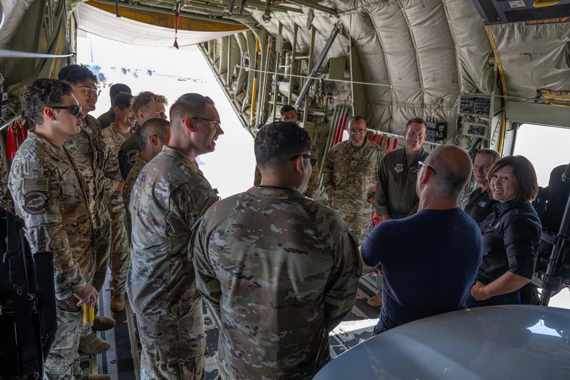 Celebrity Chef Robert Irvine shares his insights on nutrition and fitness with Airmen from the 317th Airlift Wing aboard a C-130J Super Hercules at Dyess Air Force Base, Texas, July 31, 2025. Drawing on his military background, Irvine promotes physical and mental wellness, combat readiness, and long-term stability for those who serve. (U.S. Air Force photo by Airman Caleb Schellenberg)