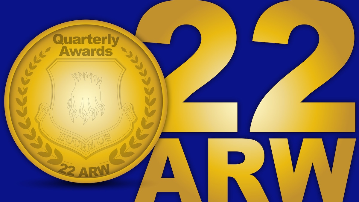 The Quarterly Awards graphic highlights the achievements of 22nd Air Refueling Wing members at McConnell Air Force Base, Kansas. The graphic depicts a medal representing an award-winning team or individual. (U.S. Air Force graphic by Airman 1st Class Patrick O’Neill)