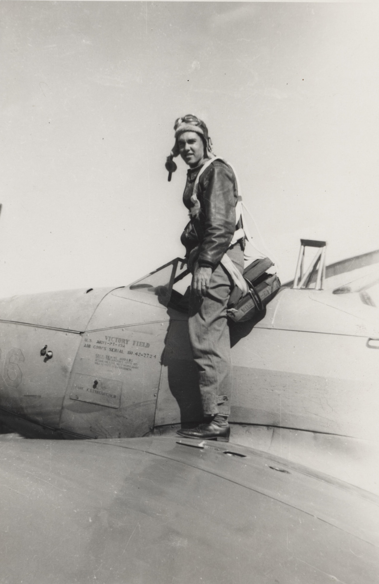 Black and white photo of Lieutenant John Flory at Victory Field, TX, where he attended Primary Flight Training during WWII.