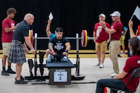 U.S. Army Retired JP Lane celebrates after a successful rep during the powerlifting event at the 2025 Department of Defense Warrior Games at Reid Arena, Colorado Springs, Colorado, July 18, 2025.