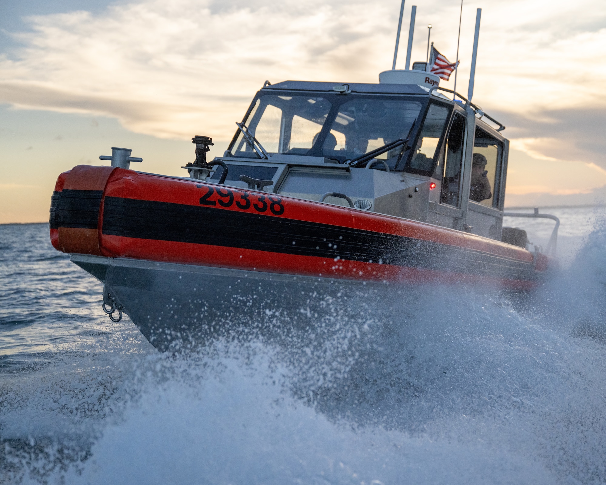 A U.S. Coast Guard Response Boat–Medium assigned to MSST Miami cuts through the water during joint-service training off the coast of Homestead, Florida, June 16, 2025