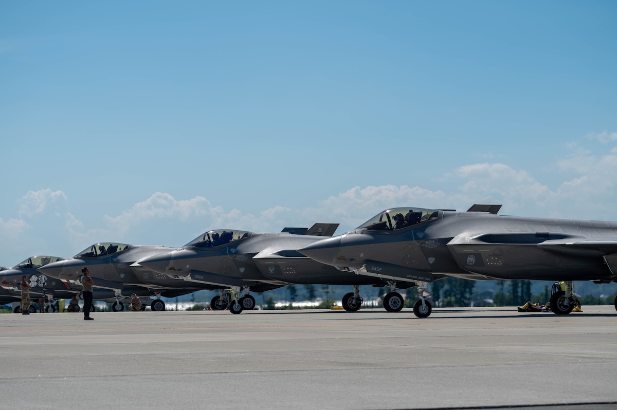 U.S. Air Force F-35 Lightning IIs, assigned to the 421st Fighter Squadron, conduct sortie generations during exercise Resolute Force Pacific (REFORPAC) 2025 at Matsushima Air Base, Japan, July 24, 2025