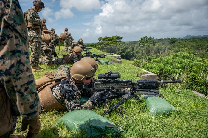 U.S. Marines with Headquarters Company, 4th Marine Regiment fire M240B machine guns during a live-fire range on Camp Schwab, Okinawa, Japan, July 30, 2025.