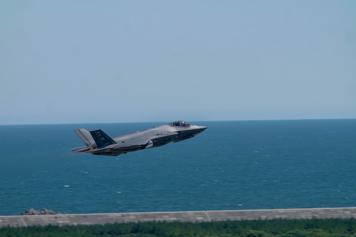 A U.S. Air Force F-35 Lightning II assigned to the 421st Fighter Squadron takes off during exercise Resolute Force Pacific (REFORPAC) 2025 at Matsushima Air Base, Japan, July 25, 2025