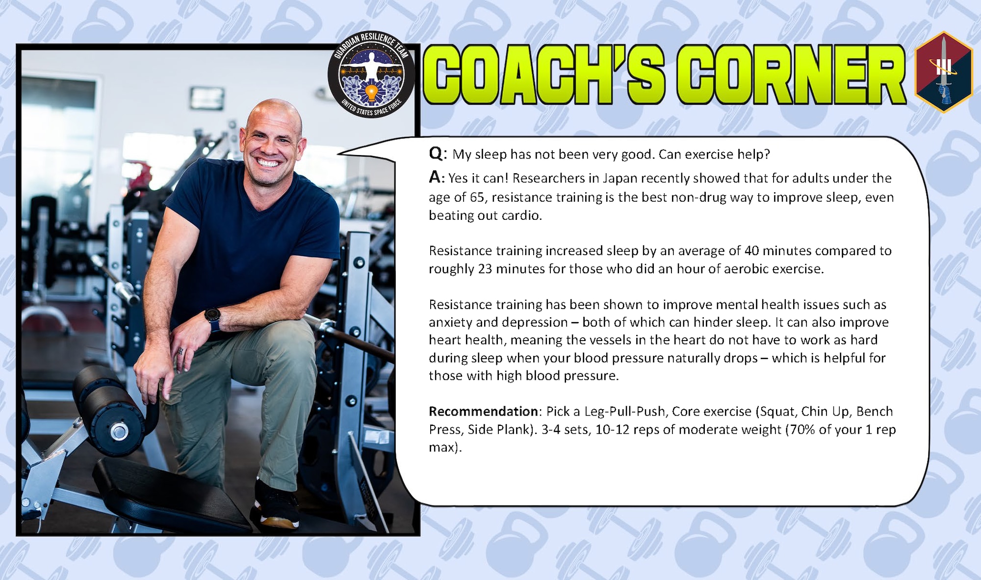A man kneeling next to workout equipment has a talk bubble coming from his mouth suggesting exercises to help someone sleep better at night.