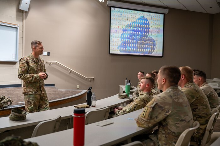 U.S. Air Force Col. William J. Watkins, 22nd Air Task Force (ATF) commander, briefs Soldiers in preparation for Exercise Northern Strike 25-2 (NS 25-2) at Fort Custer, Michigan, Aug. 3, 2025.