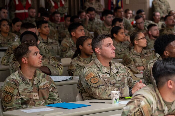 U.S. Airmen from various installations assigned to the 22nd Air Task Force (ATF) listen to instructions in preparation for Exercise Northern Strike 25-2 (NS 25-2) at Fort Custer, Michigan, Aug. 3, 2025.