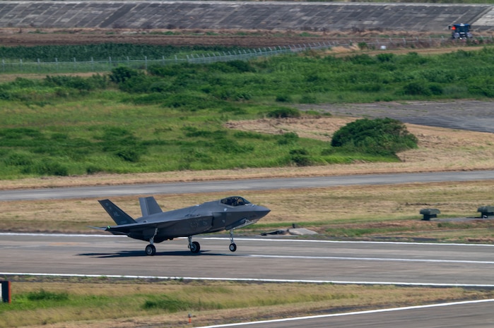 A U.S. Air Force F-35 Lightning II, assigned to the 421st Fighter Squadron, takes off during exercise Resolute Force Pacific 2025 at Matsushima Air Base, Japan, July 25, 2025