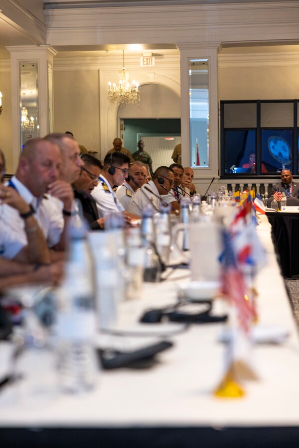 Senior leaders listen to presentations on Aug. 4, 2025, in Washington, D.C., during the Marine Leaders of the Americas Conference. The 2025 Marine Leaders of the Americas Conference, hosted by the Commandant of the Marine Corps and sponsored by U.S. Marine Corps Forces, South, convenes senior Marine and naval infantry leaders from Argentina, Australia, Belize, Brazil, Canada, Chile, Colombia, Dominican Republic, Ecuador, El Salvador, France, Guatemala, Honduras, Mexico, the Netherlands, New Zealand, Panama, Paraguay, Peru, United Kingdom and the United States to discuss shared security challenges and enhance regional cooperation. (U.S. Marine Corps photo by Lance Cpl. Payton Goodrich)