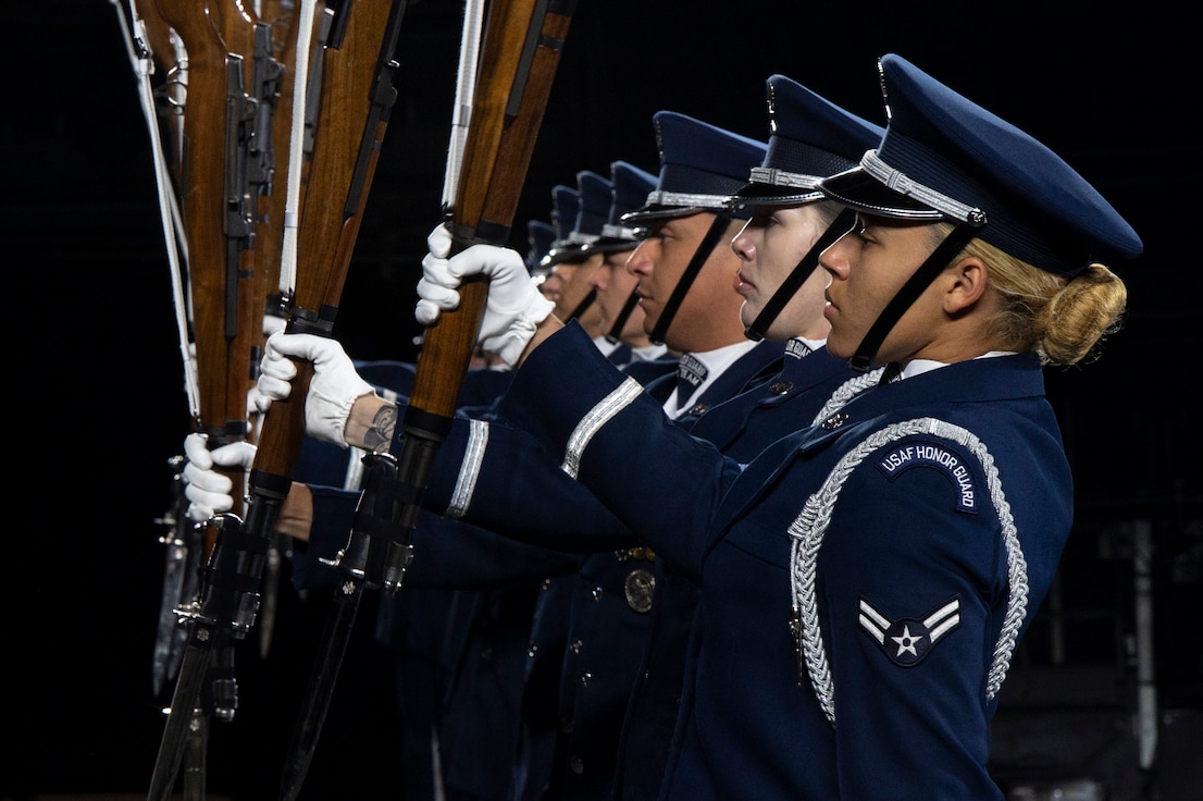 The U.S. Air Force Honor Guard Drill Team and U.S. Army Old Guard Fife and Drum Corps rehearse for the 75th Royal Edinburgh Military Tattoo in Edinburgh, Scotland, July 31, 2025.