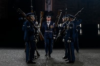 U.S. Air Force Capt. Andrew Paquin, ceremonial operations officer in charge of the U.S. Air Force Honor Guard Drill team, conducts a walkthrough sequence with the Drill Team during the rehearsal of the 75th Royal Edinburgh Military Tattoo in Edinburgh, Scotland, July 31, 2025.