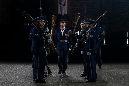 U.S. Air Force Capt. Andrew Paquin, ceremonial operations officer in charge of the U.S. Air Force Honor Guard Drill team, conducts a walkthrough sequence with the Drill Team during the rehearsal of the 75th Royal Edinburgh Military Tattoo in Edinburgh, Scotland, July 31, 2025.