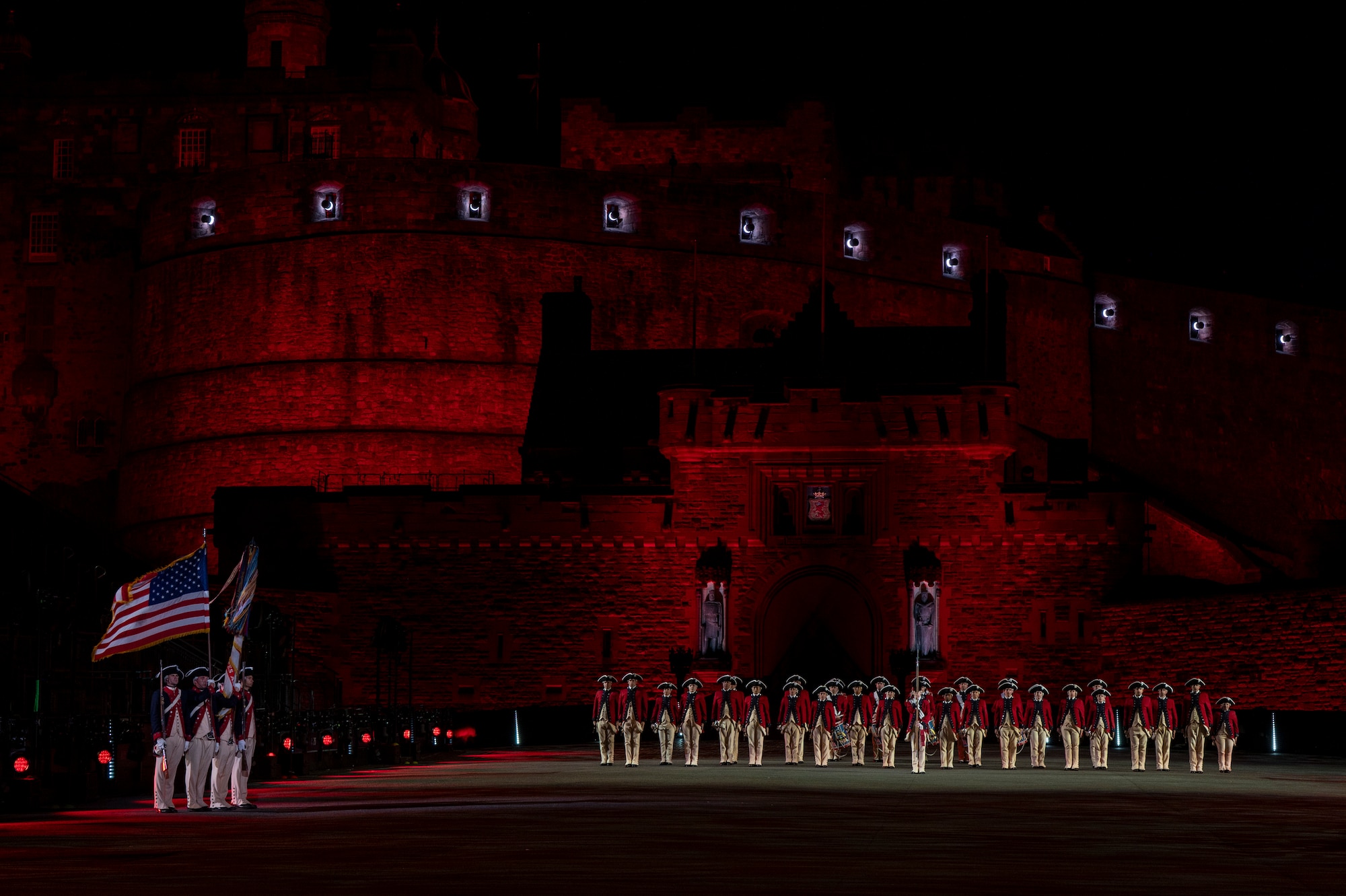 The U.S. Army Old Guard Fife and Drum Corps performs during a rehearsal for the 75th Royal Edinburgh Military Tattoo in Edinburgh, Scotland, July 31, 2025.