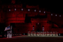 The U.S. Army Old Guard Fife and Drum Corps performs during a rehearsal for the 75th Royal Edinburgh Military Tattoo in Edinburgh, Scotland, July 31, 2025.