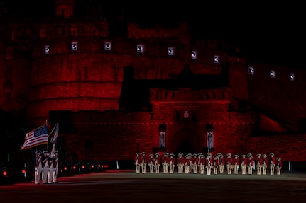 The U.S. Army Old Guard Fife and Drum Corps performs during a rehearsal for the 75th Royal Edinburgh Military Tattoo in Edinburgh, Scotland, July 31, 2025.