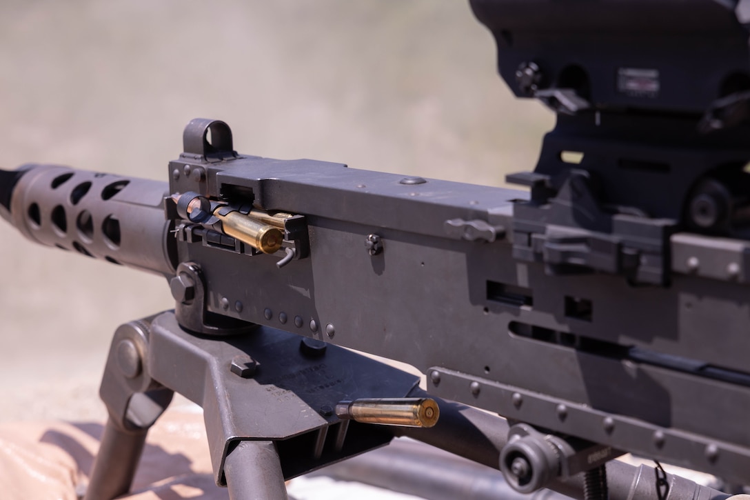 Republic of Korea Marines with 1st Marine Division, ROK Marine Corps, fire an M2 .50 Cal. Machine Gun during the Korean Marine Exercise Program 25.2 in Pohang, South Korea, July 30, 2025. KMEP is conducted regularly between the ROK and U.S. Marine Corps to increase their combined capabilities through realistic training geared towards deterrence and maintaining peace in the Indo-Pacific. (U.S. Marine Corps photo by Cpl. Kanoa Thomas)