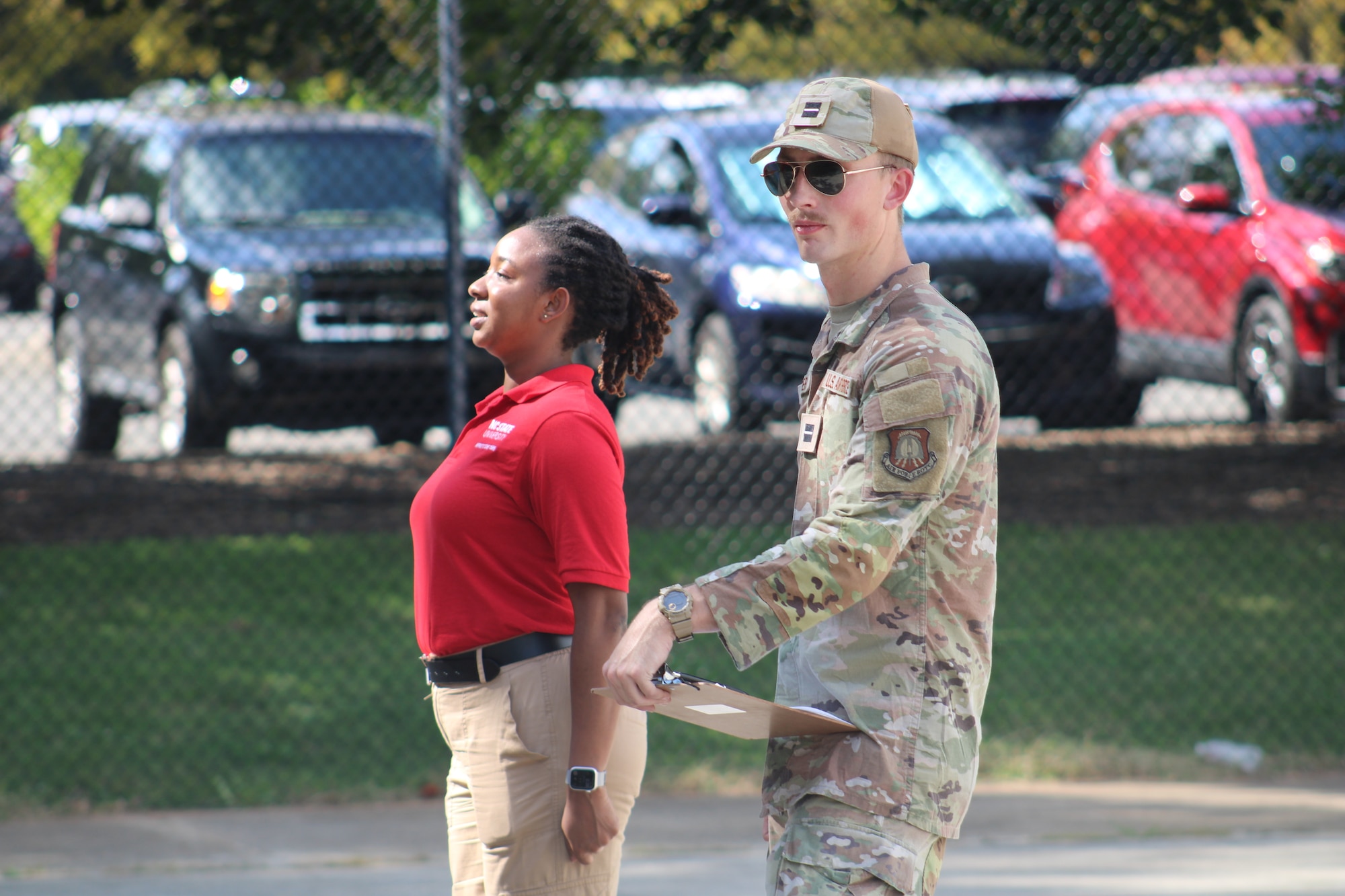 U.S. Air Force Senior Airman Verlin K. Harper, 263rd Combat Communications Squadron radio-frequency transmission systems operator, instructs Reserve Officers' Training Corps (ROTC) general military course cadets on expeditionary skills at N.C. State University, Sept. 4, 2024.