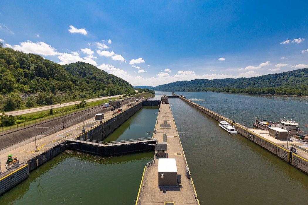 An overhead picture of a river lock.