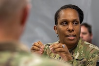 Command Sgt. Maj. Joy L. Allen, U.S. Army Financial Management Command senior enlisted advisor, gives remarks during a staff exercise at the Maj. Gen. Emmett J. Bean Federal Center in Indianapolis Oct. 28, 2024. USAFMCOM hosted the exercise to increase its operational capabilities through the four phases of the conflict continuum, reduce its inefficiencies in battle tasks, and clearly identify financial management roles, responsibilities and authorities. (U.S. Army photo by Mark R. W. Orders-Woempner)