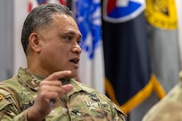 Col. Rob Le’iato, U.S. Army Finance and Comptroller School commandant, gives remarks during a staff exercise at the Maj. Gen. Emmett J. Bean Federal Center in Indianapolis Oct. 28, 2024. The U.S. Army Financial Management Command hosted the exercise to increase its operational capabilities through the four phases of the conflict continuum, reduce its inefficiencies in battle tasks, and clearly identify financial management roles, responsibilities and authorities. (U.S. Army photo by Mark R. W. Orders-Woempner)