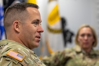 Command Sgt. Maj. Craig A. Rodland, U.S. Army Finance and Comptroller School senior enlisted advisor, gives remarks during a staff exercise at the Maj. Gen. Emmett J. Bean Federal Center in Indianapolis Oct. 28, 2024. The U.S. Army Financial Management Command hosted the exercise to increase its operational capabilities through the four phases of the conflict continuum, reduce its inefficiencies in battle tasks, and clearly identify financial management roles, responsibilities and authorities. (U.S. Army photo by Mark R. W. Orders-Woempner)