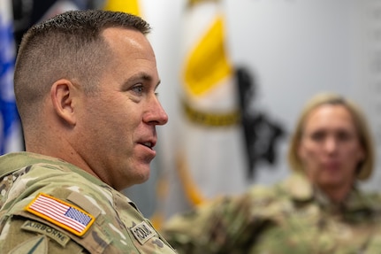 Command Sgt. Maj. Craig A. Rodland, U.S. Army Finance and Comptroller School senior enlisted advisor, gives remarks during a staff exercise at the Maj. Gen. Emmett J. Bean Federal Center in Indianapolis Oct. 28, 2024. The U.S. Army Financial Management Command hosted the exercise to increase its operational capabilities through the four phases of the conflict continuum, reduce its inefficiencies in battle tasks, and clearly identify financial management roles, responsibilities and authorities. (U.S. Army photo by Mark R. W. Orders-Woempner)