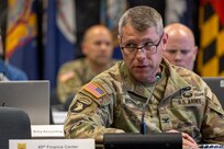 Col. Shaun D. McMurchie, 45th Finance Center director, gives remarks during a staff exercise at the Maj. Gen. Emmett J. Bean Federal Center in Indianapolis Oct. 29, 2024. The U.S. Army Financial Management Command hosted the exercise to increase its operational capabilities through the four phases of the conflict continuum, reduce its inefficiencies in battle tasks, and clearly identify financial management roles, responsibilities and authorities. (U.S. Army photo by Mark R. W. Orders-Woempner)