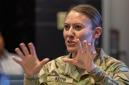 Maj. Sonja Keith, 45th Finance Center Chief of Operations, makes remarks as part of a battle update brief during a staff exercise at the Maj. Gen. Emmett J. Bean Federal Center in Indianapolis Oct. 29, 2024. The U.S. Army Financial Management Command hosted the exercise to increase its operational capabilities through the four phases of the conflict continuum, reduce its inefficiencies in battle tasks, and clearly identify financial management roles, responsibilities and authorities. (U.S. Army photo by Mark R. W. Orders-Woempner)