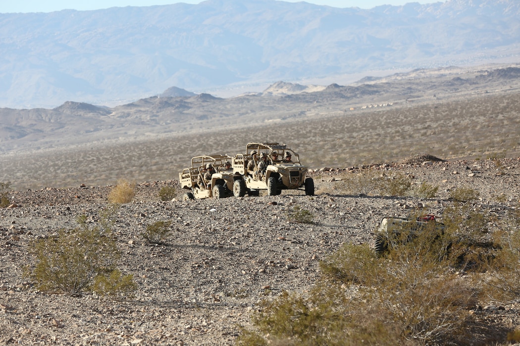 Marines assigned to Kilo Company, 3rd Battalion, 5th Marine Regiment conduct exercise operations in Polaris Defense MRZR-D's during an Integrated Training Exercise at the Marine Corps Air-Ground Combat Center, Twentynine Palms, California. This is a training event within their predeployment training curriculum. The Marine Corps Warfighting Laboratory provided some different unmanned aircraft systems (UAS) and unmanned ground systems (UGS)  for the Marines to employ during their training cycle.