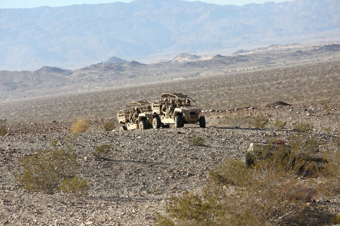 Marines assigned to Kilo Company, 3rd Battalion, 5th Marine Regiment conduct exercise operations in Polaris Defense MRZR-D's during an Integrated Training Exercise at the Marine Corps Air-Ground Combat Center, Twentynine Palms, California. This is a training event within their predeployment training curriculum. The Marine Corps Warfighting Laboratory provided some different unmanned aircraft systems (UAS) and unmanned ground systems (UGS)  for the Marines to employ during their training cycle.
