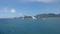 The Ultra Heavy-Lift Amphibious Connector makes its way toward the USS Rushmore to pick up heavy logistics gear and ITV to support operations on Marine Corps Training Area Bellows, Hawaii, during the Marine Corps Warfighting Lab’s Advanced Warfare Experiment, July 11, 2014. (Marine Corps Photo by Cpl. Matthew J. Bragg)