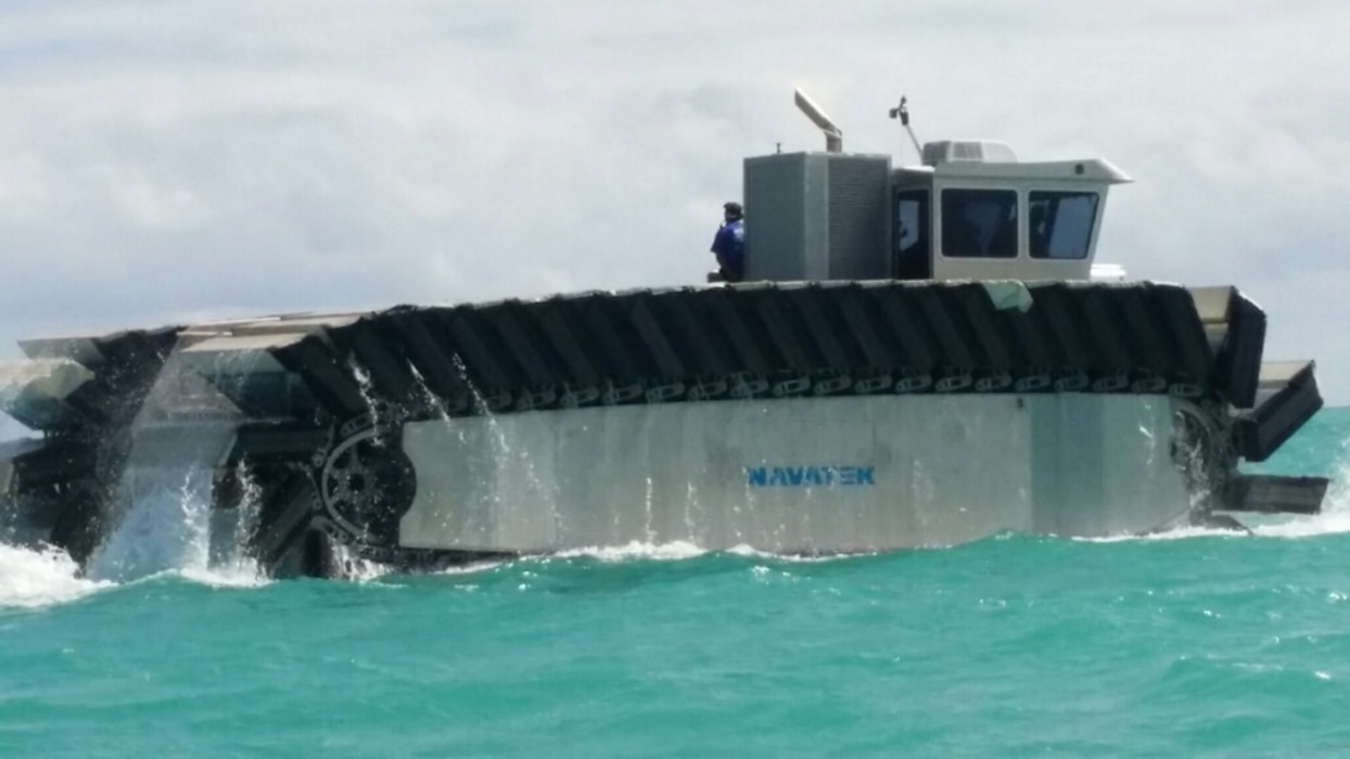 The Ultra Heavy-Lift Amphibious Connector makes its way toward the USS Rushmore to pick up heavy logistics gear and ITV to support operations on Marine Corps Training Area Bellows, Hawaii, during the Marine Corps Warfighting Lab’s Advanced Warfare Experiment, July 11, 2014. (Marine Corps Photo by Cpl. Matthew J. Bragg)