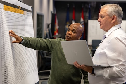 Marcus Thomas, U.S. Army Financial Management Command Plans and Operations chief, and Mark Burton, USAFMCOM Operations director, discuss operations during a staff exercise at the Maj. Gen. Emmett J. Bean Federal Center in Indianapolis Oct. 31, 2024. USAFMCOM hosted the exercise to increase its operational capabilities through the four phases of the conflict continuum, reduce its inefficiencies in battle tasks, and clearly identify financial management roles, responsibilities and authorities. (U.S. Army photo by Mark R. W. Orders-Woempner)