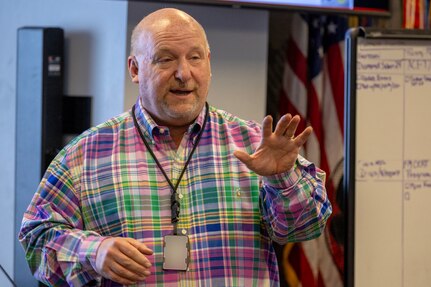 Don Houston, U.S. Army Financial Management Command Strategic Initiatives Group director, gives remarks during a staff exercise at the Maj. Gen. Emmett J. Bean Federal Center in Indianapolis Oct. 31, 2024. USAFMCOM hosted the exercise to increase its operational capabilities through the four phases of the conflict continuum, reduce its inefficiencies in battle tasks, and clearly identify financial management roles, responsibilities and authorities. (U.S. Army photo by Mark R. W. Orders-Woempner)