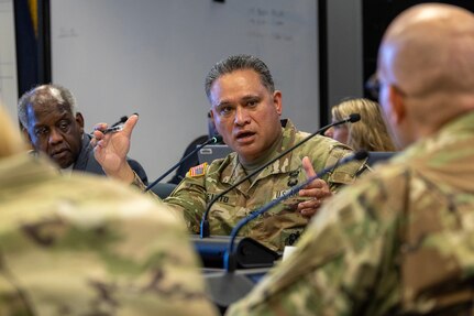 Col. Rob Le’iato, U.S. Army Finance and Comptroller School commandant, gives remarks during a staff exercise at the Maj. Gen. Emmett J. Bean Federal Center in Indianapolis Oct. 31, 2024. The U.S. Army Financial Management Command hosted the exercise to increase its operational capabilities through the four phases of the conflict continuum, reduce its inefficiencies in battle tasks, and clearly identify financial management roles, responsibilities and authorities. (U.S. Army photo by Mark R. W. Orders-Woempner)