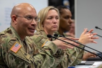 Sgt. Maj. Terry L. Anderson, Office of the Assistant Secretary of the Army for Financial Management and Comptroller senior enlisted advisor, gives remarks during a staff exercise at the Maj. Gen. Emmett J. Bean Federal Center in Indianapolis Oct. 31, 2024. The U.S. Army Financial Management Command hosted the exercise to increase its operational capabilities through the four phases of the conflict continuum, reduce its inefficiencies in battle tasks, and clearly identify financial management roles, responsibilities and authorities. (U.S. Army photo by Mark R. W. Orders-Woempner)