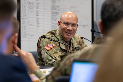 Sgt. Maj. Terry L. Anderson, Office of the Assistant Secretary of the Army for Financial Management and Comptroller senior enlisted advisor, gives remarks during a staff exercise at the Maj. Gen. Emmett J. Bean Federal Center in Indianapolis Oct. 31, 2024. The U.S. Army Financial Management Command hosted the exercise to increase its operational capabilities through the four phases of the conflict continuum, reduce its inefficiencies in battle tasks, and clearly identify financial management roles, responsibilities and authorities. (U.S. Army photo by Mark R. W. Orders-Woempner)