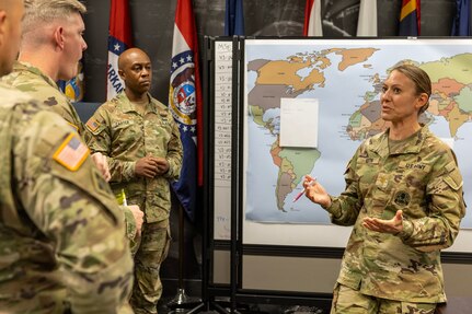 Maj. Sonja Keith, 45th Finance Center Chief of Operations, facilitates a discussion with other 45th FC Soldiers during a staff exercise at the Maj. Gen. Emmett J. Bean Federal Center in Indianapolis Oct. 30, 2024. The U.S. Army Financial Management Command hosted the exercise to increase its operational capabilities through the four phases of the conflict continuum, reduce its inefficiencies in battle tasks, and clearly identify financial management roles, responsibilities and authorities. (U.S. Army photo by Mark R. W. Orders-Woempner)
