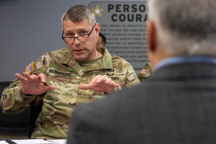Col. Shaun D. McMurchie, 45th Finance Center director, gives remarks during a staff exercise at the Maj. Gen. Emmett J. Bean Federal Center in Indianapolis Oct. 28, 2024. The U.S. Army Financial Management Command hosted the exercise to increase its operational capabilities through the four phases of the conflict continuum, reduce its inefficiencies in battle tasks, and clearly identify financial management roles, responsibilities and authorities. (U.S. Army photo by Mark R. W. Orders-Woempner)