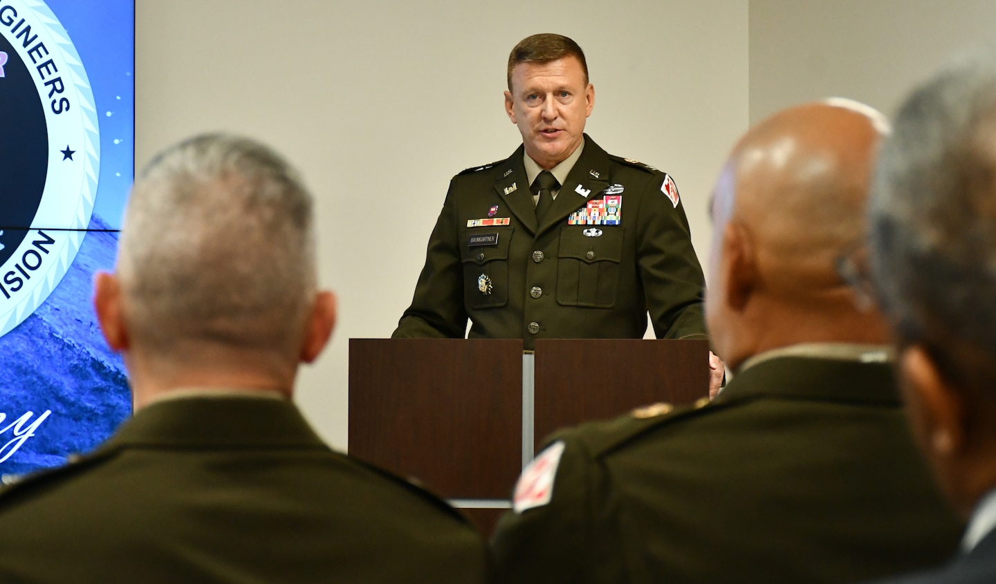U.S. Army Col. Craig S. Baumgartner, U.S. Army Corps of Engineers Transatlantic Division commander, speaks during a Transfer of Authority ceremony in Winchester, Virginia, Aug. 5, 2025. The ceremony marked the transition of mission oversight for U.S. Central Command support from the Transatlantic Division to the U.S. Army Corps of Engineers Southwestern Division.