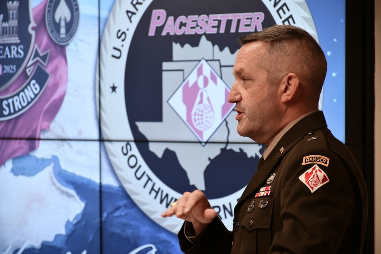 U.S. Army Brigadier General George H. Walter, U.S. Army Corps of Engineers Southwestern Division commanding general, speaks during a Transfer of Authority ceremony in Winchester, Virginia, Aug. 5, 2025. The ceremony marked the transition of mission oversight for U.S. Central Command support from the Transatlantic Division to the U.S. Army Corps of Engineers Southwestern Division.