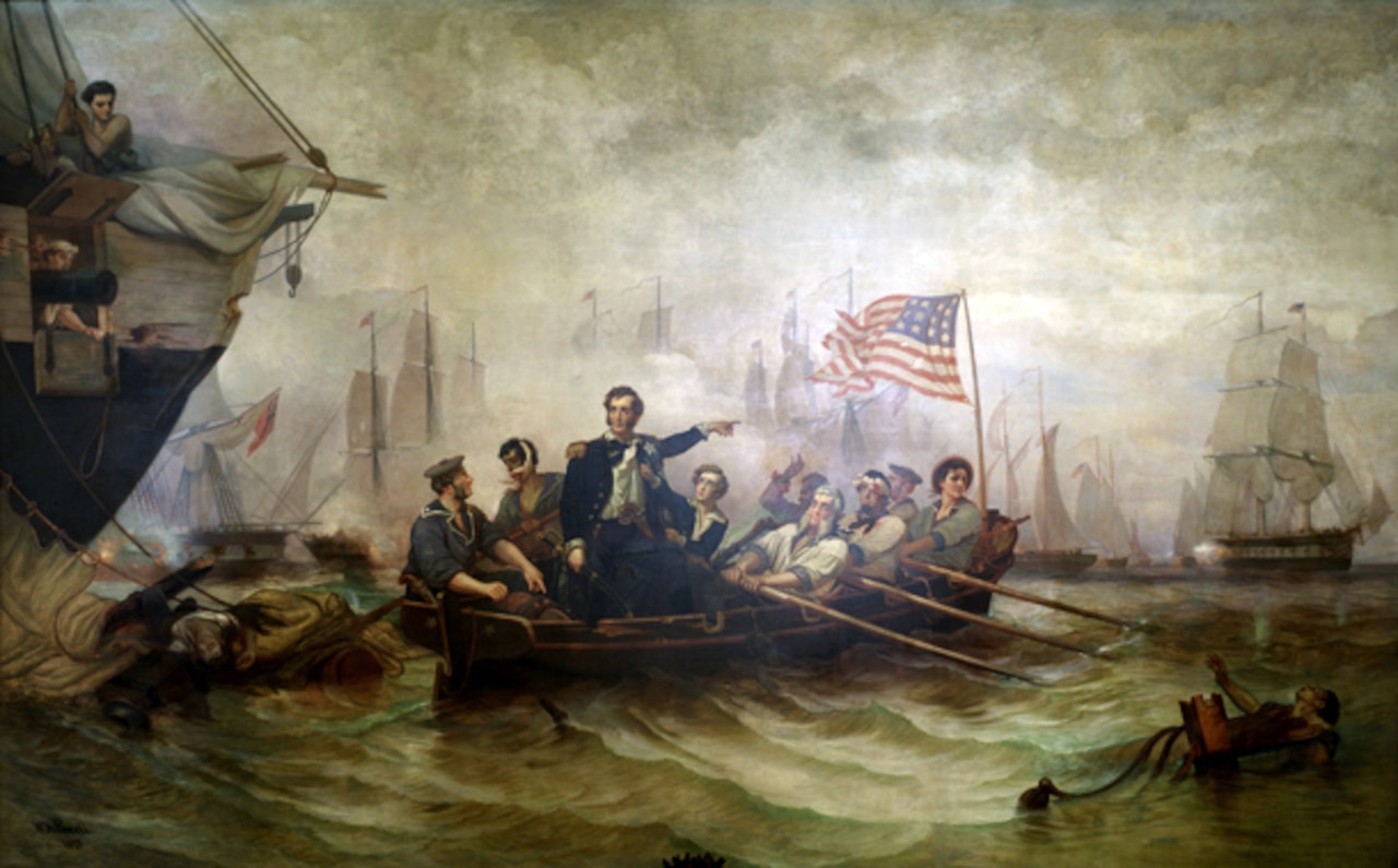 A painting shows a man in a large rowboat with many rowers standing and pointing as ships sail in the background.