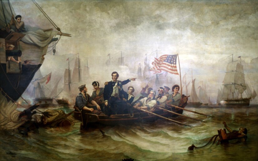 A painting shows a man in a large rowboat with many rowers standing and pointing as ships sail in the background.