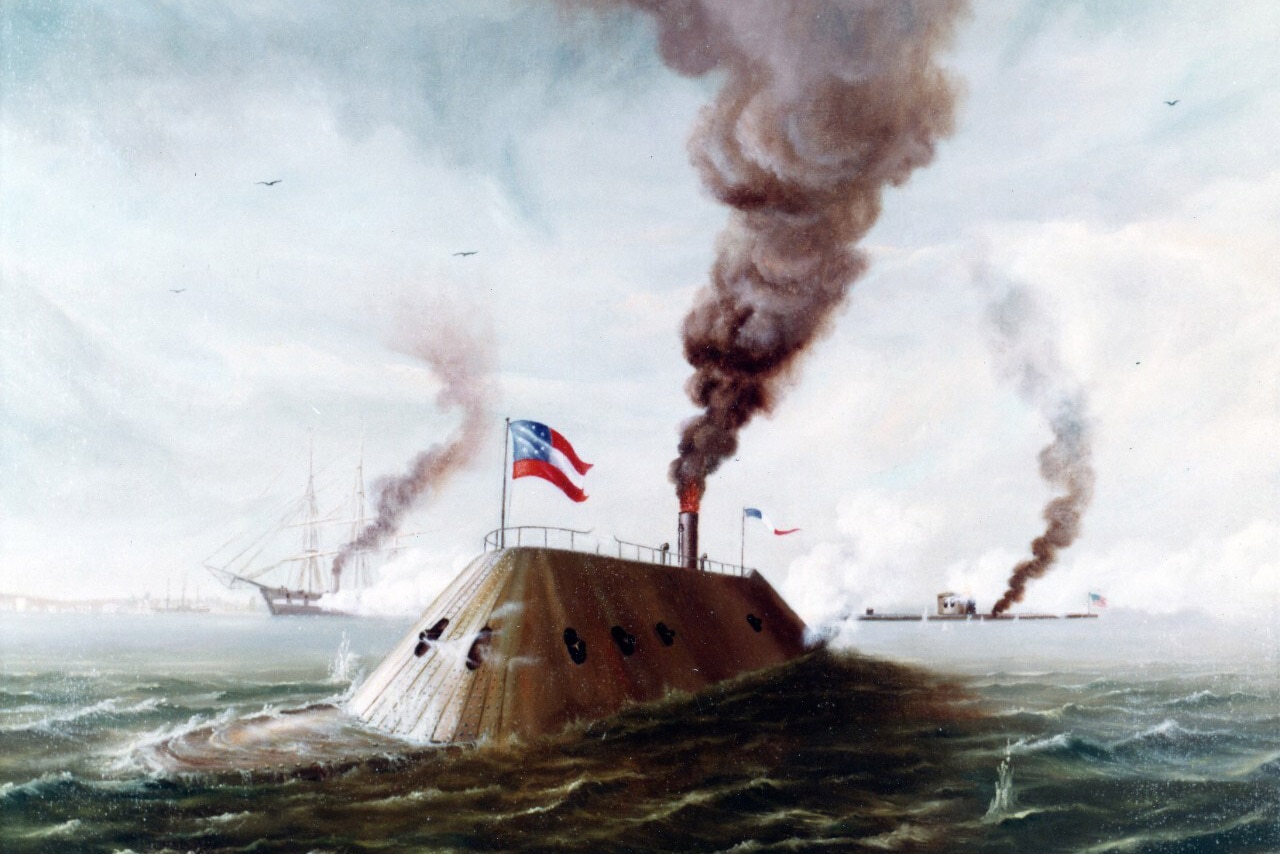 A painting is shown of two ironclad steamships and a sailing ship doing battle in the ocean.