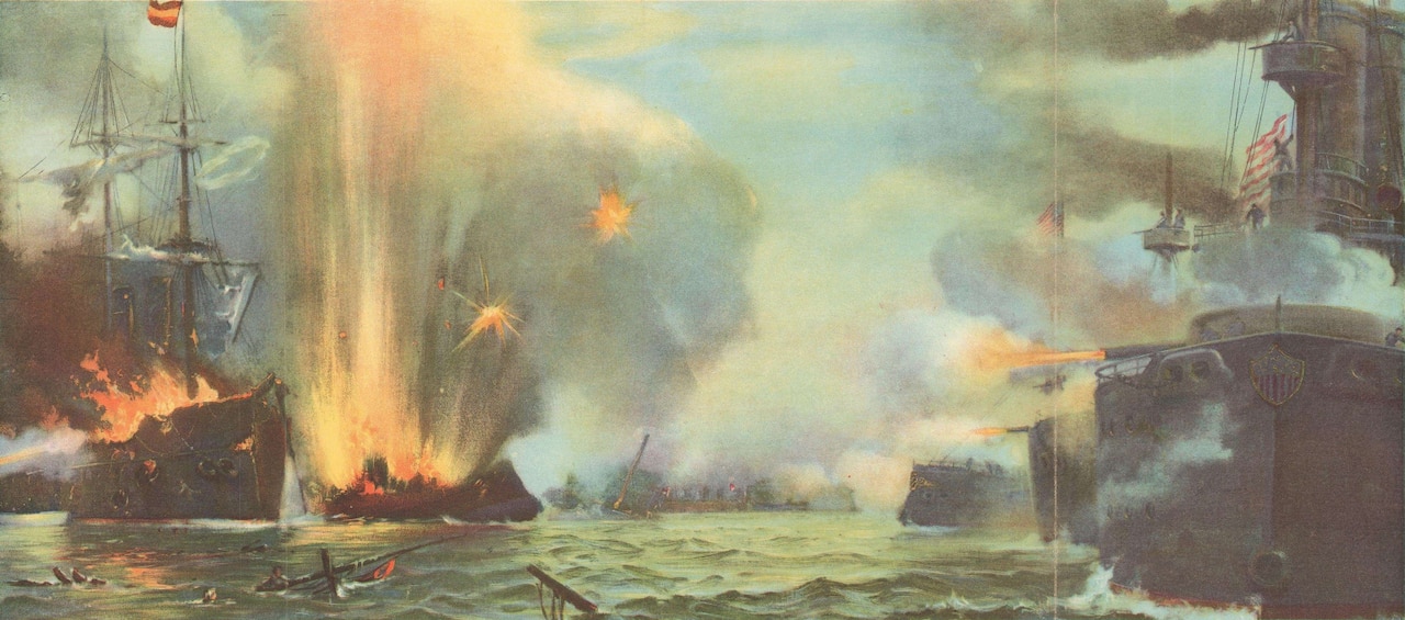 A painting is shown of warships firing at one another amidst flames and explosions.